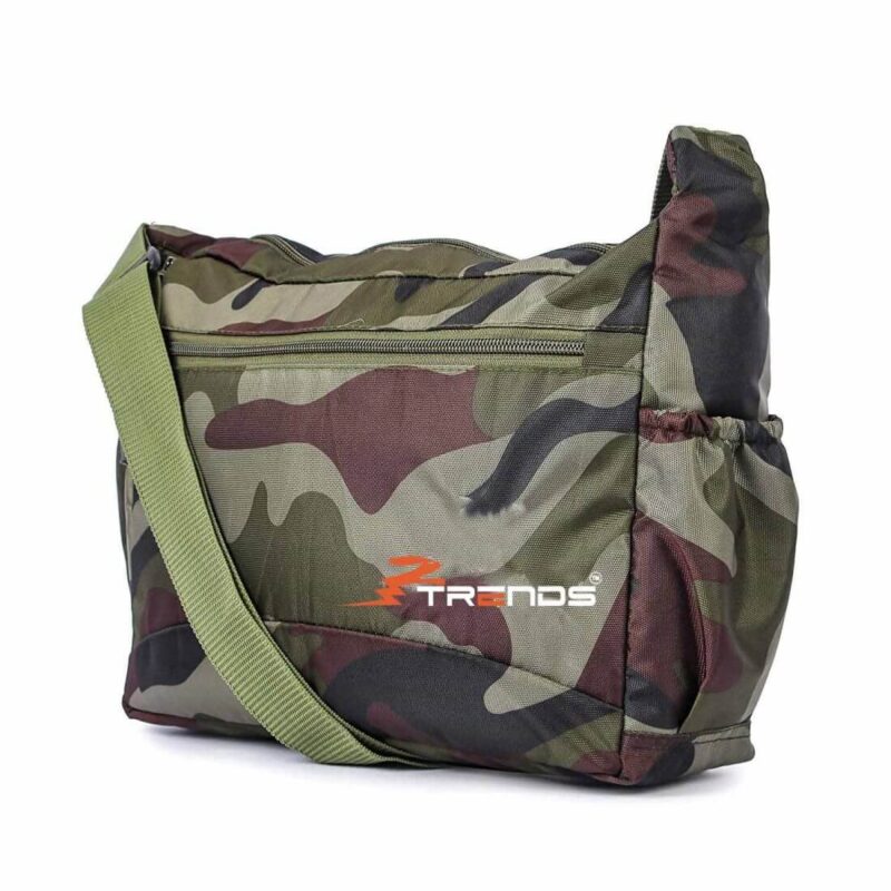 Trends military camouflage sling bag, side angled view, side pocket visible on front it has a horizontal zipper, model no 405