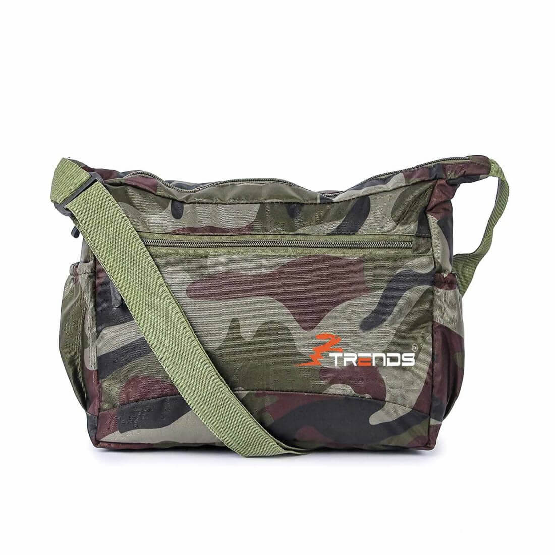 trends camouflage sling bag with green shoulder strap and green zipper in front, model no - 405, front view