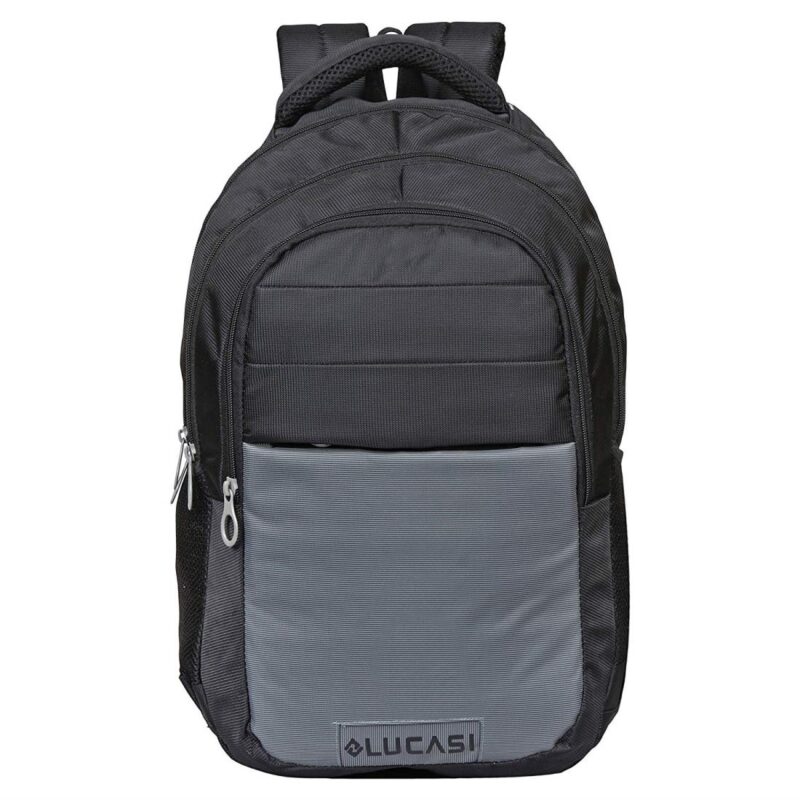 Lucasi black grey laptop bag backpack, model no 335, front view, front half from the bottom is of color gray
