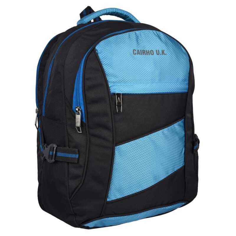 Cairho UK light blue and black color school bag, front angled view, model no 103