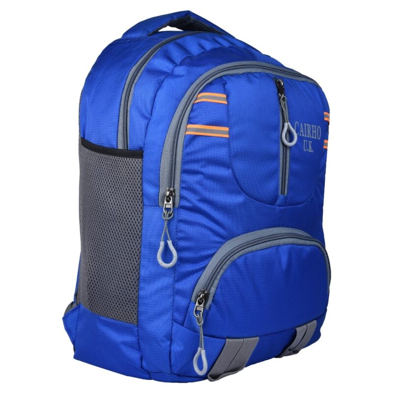 cariho uk casual backpack, blue color with grey zippers and straps, side angled view, model no 109