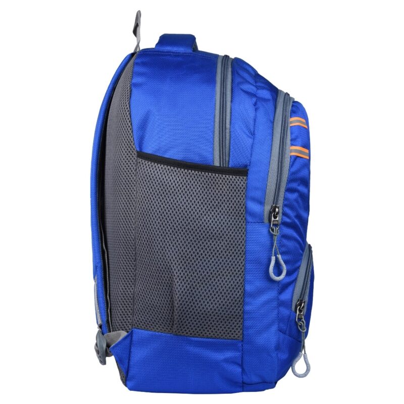 cariho uk casual backpack, blue color with grey zippers and straps, side view, model no 110