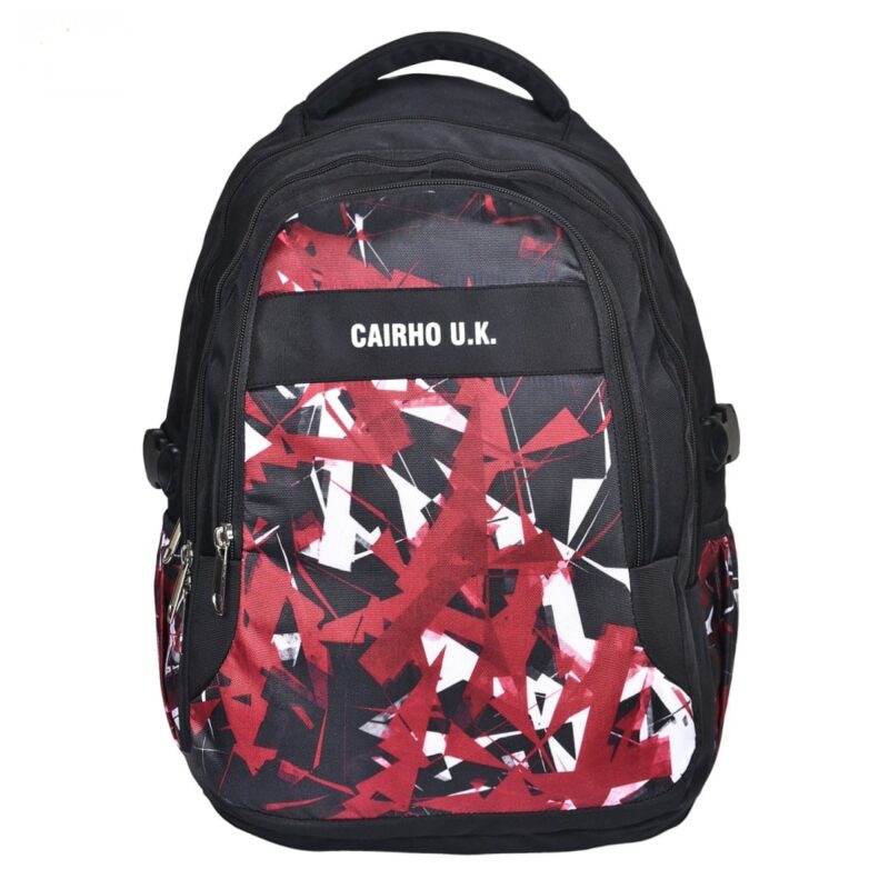 Cairho uk red school bag, front view abstract pattern in red and white color, model no 101