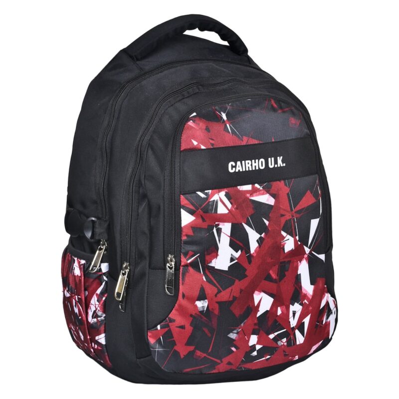 Cairho uk black school bag, model no 101, side angled view, 3 compartments and a mesh pocket in side