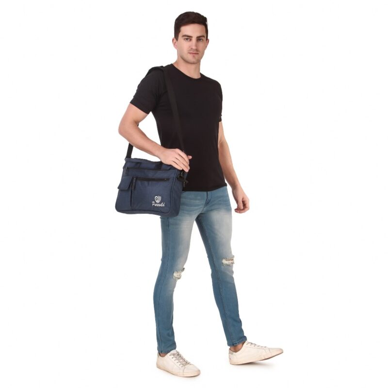 Purewild messenger laptop sling bag, blue color, model no 0002, model view, male model height is 6 feet