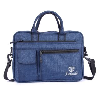 Purewild messenger laptop sling bag, blue color, model no 0002, front view