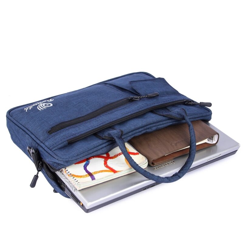 Purewild messenger laptop sling bag, blue color, model no 0002, open view carrying some notebooks and laptop