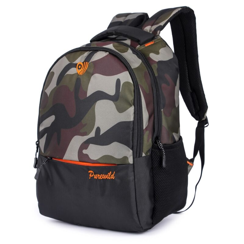 Purewild military camouflage laptop bag backpack, side angled view, 2 main compartments and a side mesh pocket is visible, model no 0001