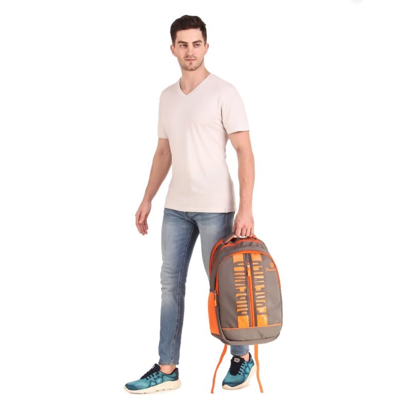 Purewild orange color school bag, on 6 feet male model, model no 0004