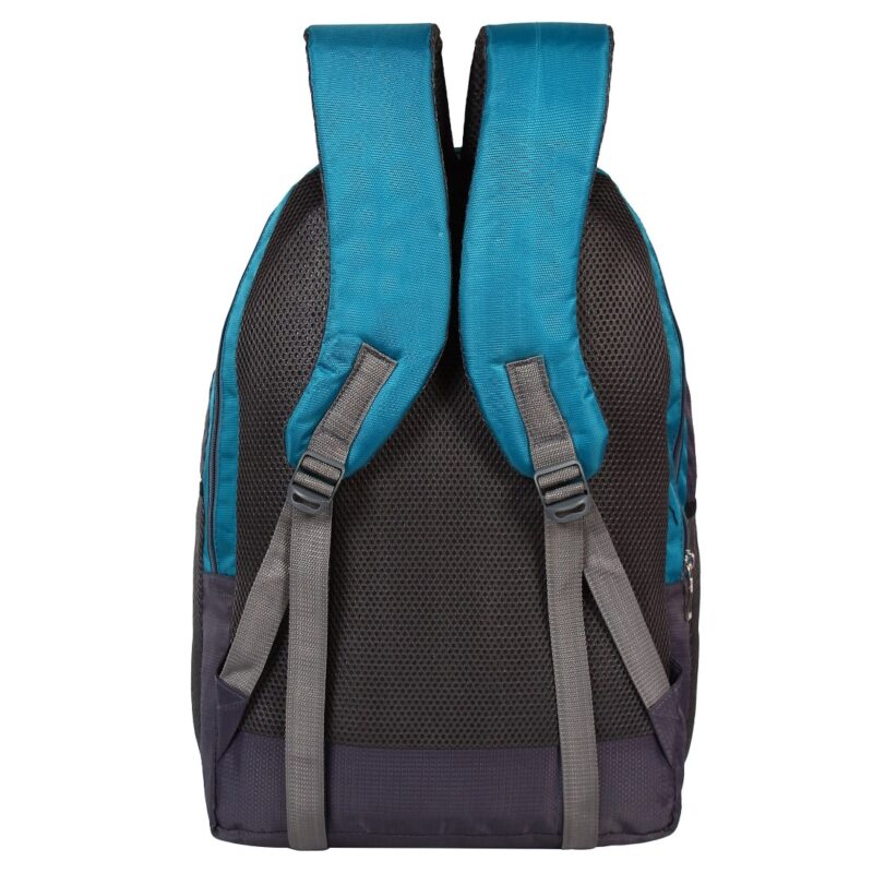Lucasi sea green grey laptop bag backpack, back view, foam padded back and shoulder straps, model no 353