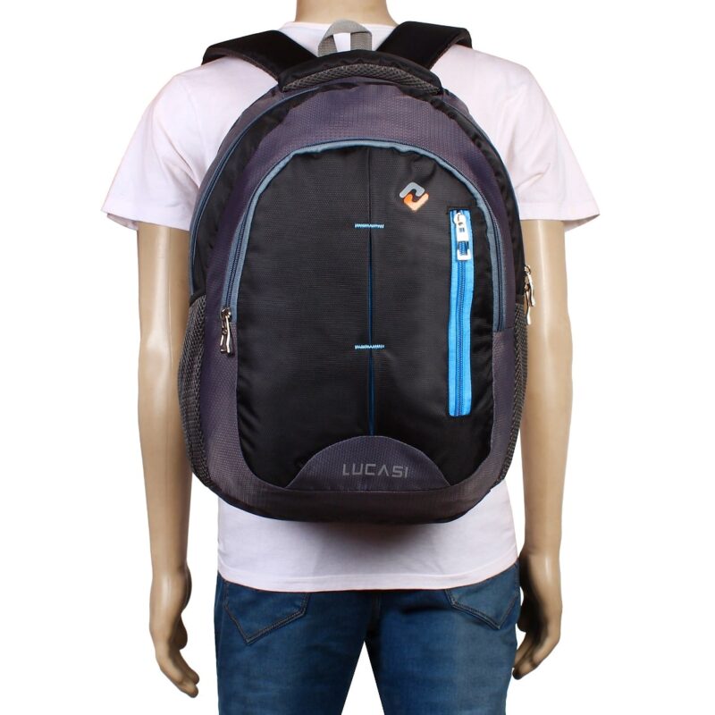 Lucasi black grey laptop bag backpack, mannequin view, mannequin height is 6 feet, model no 354