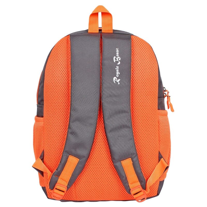 Royal beast grey orange color school bag, back view, model no 001