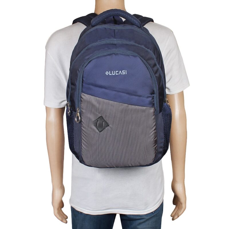 Lucasi blue grey laptop bag backpack, model no 352, mannequin view, mannequin height is 6 feet