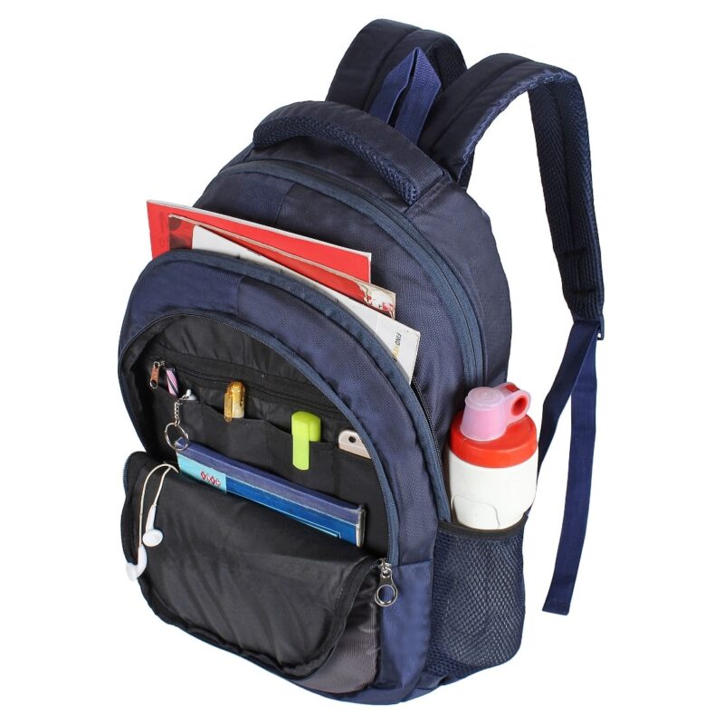 Lucasi blue grey laptop bag backpack, model no 352, open view, carrying a water bottle, some documents, a notebook, mobile phone and accessories
