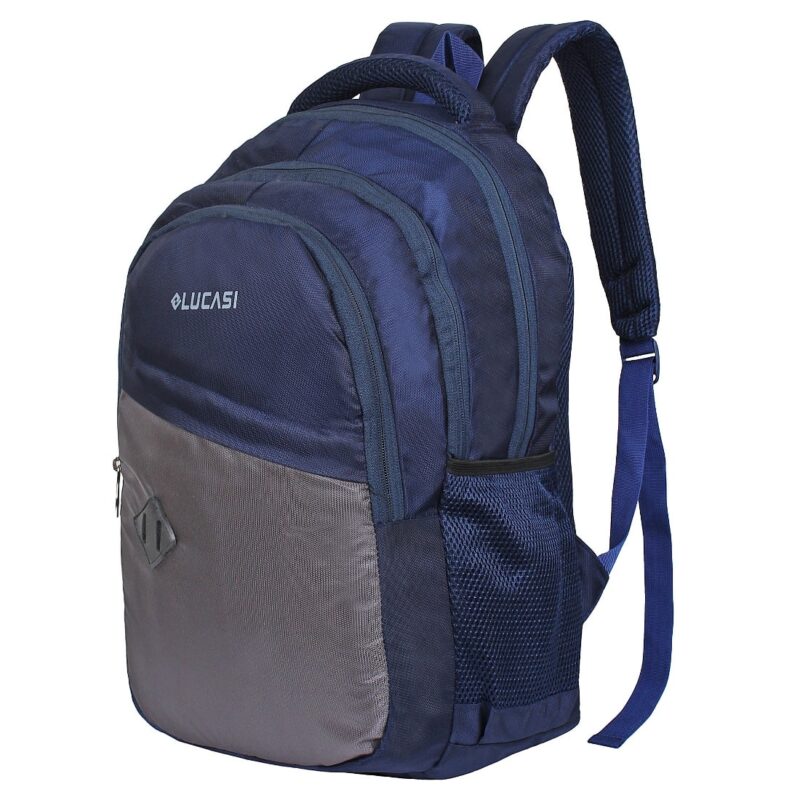 Lucasi blue grey laptop bag backpack, model no 352, side view, 2 main compartments and 2 utility compartments are visible