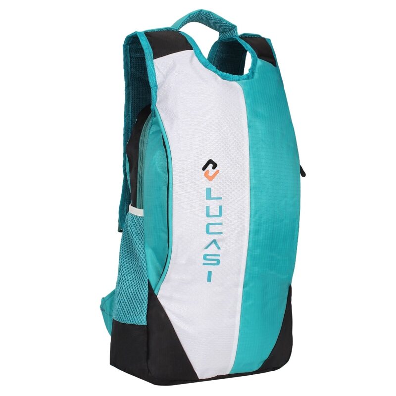 Lucasi sea green and white backpack, side view with lucasi printed on front, model no 330