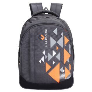 Grey color backpack with orange and light grey triangle shaped prints at front. Front view, model no 340