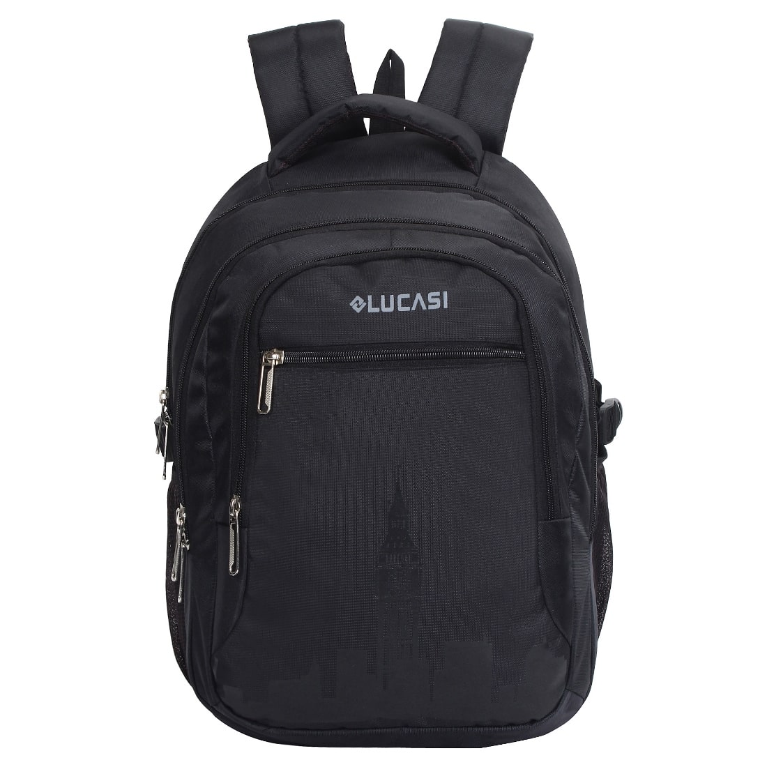 lucasi skyline black color backpack, front view having skyline print in black color, model no 341