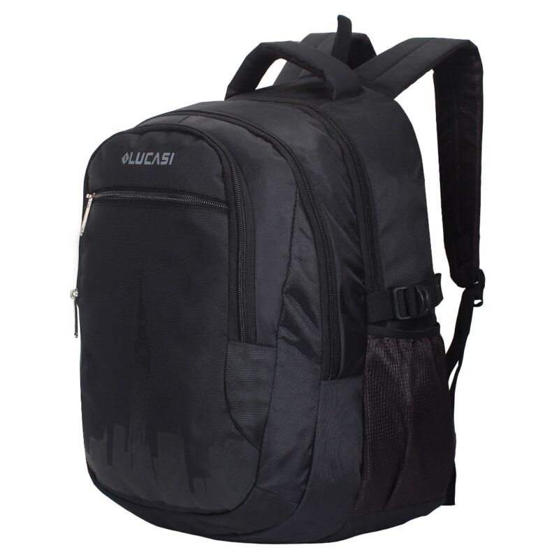lucasi skyline black color backpack, angled view 2 compartments with metallic zippers are visible, padded handle and one utility pocket on front side, model no 341