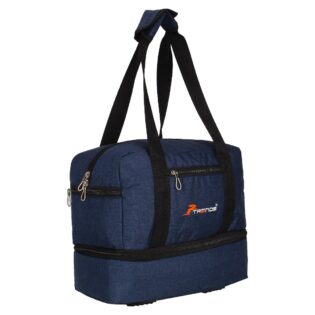 Trends navy blue color travel sling bag, side angled view, having shoe compartment at bottom, black color shoulder strap, model no 374