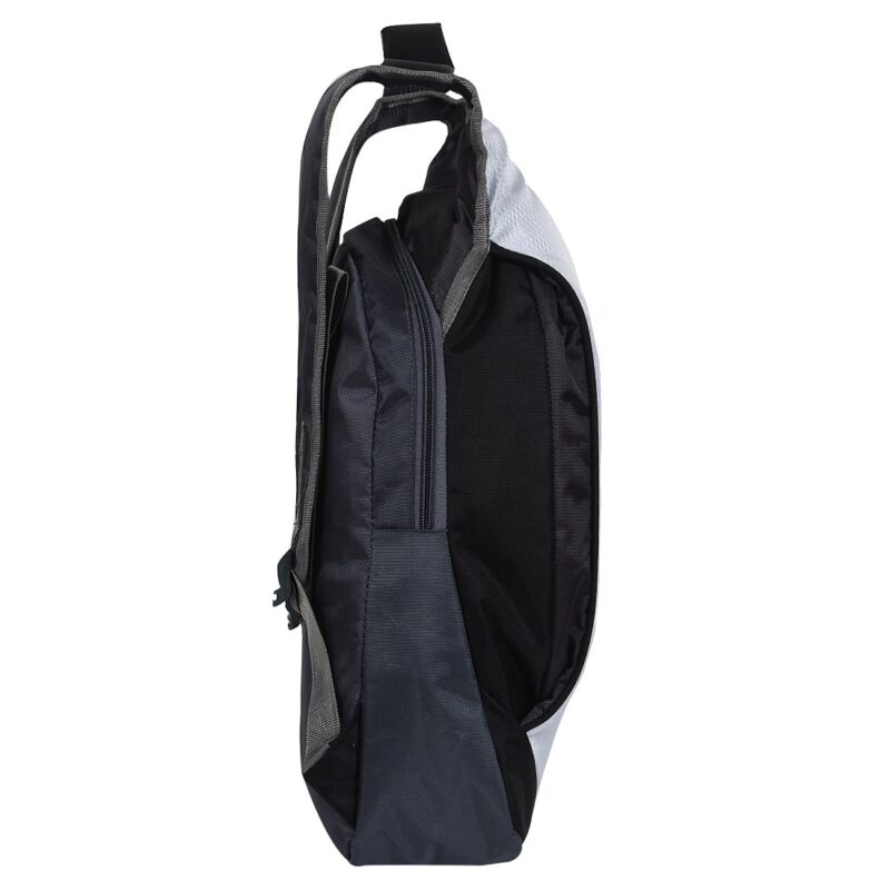 Lucasi grey and white color backpack, side view, the main compartment is visible, model no 325