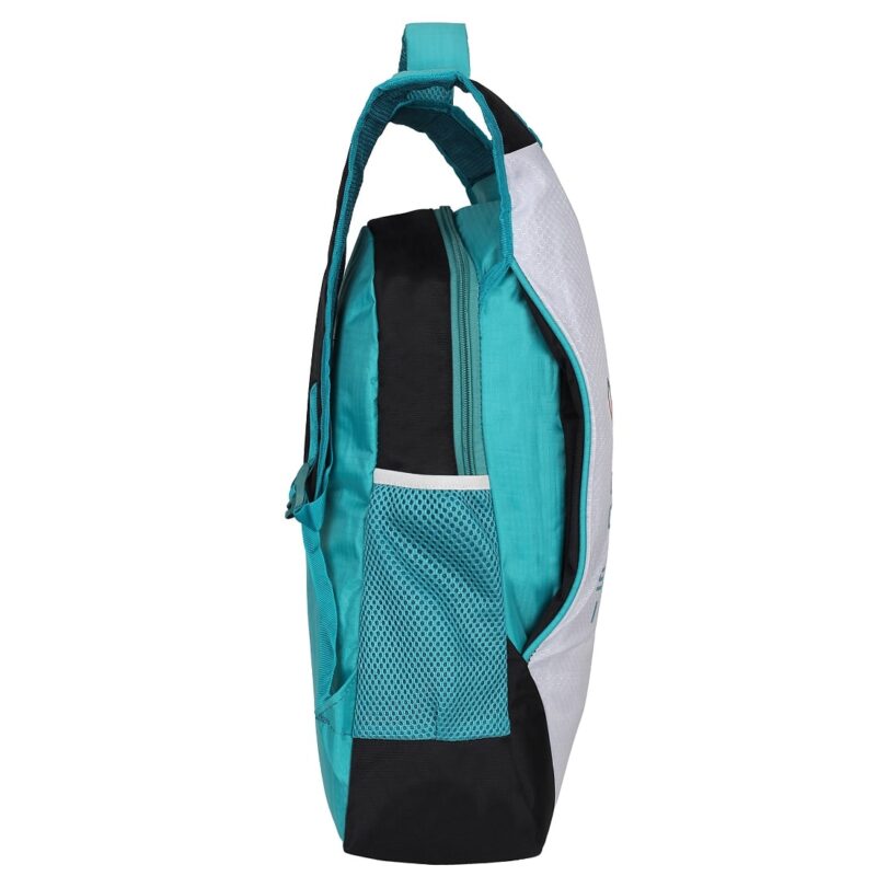 Lucasi green and white color backpack, side view, the main compartment is visible, model no 330