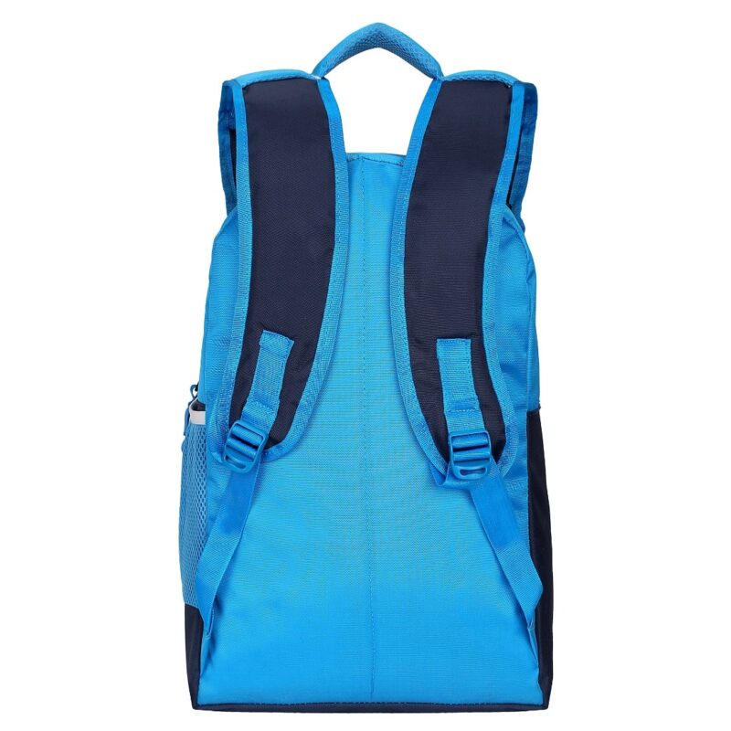Lucasi blue and white color backpack, back view, with non padded back and shoulder straps, model no 338