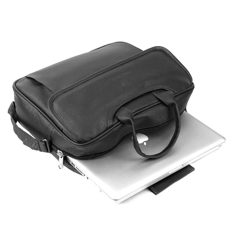 Purewild leatherette rexine black messenger bag, open view, carrying laptop, model no 0005