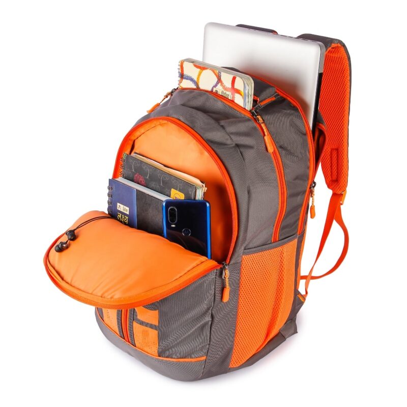 Purewild orange color school bag, side angled open view, carrying notebooks laptop and stationaries, model no 0004