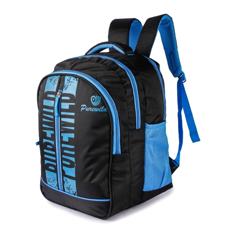 Purewild navy blue color school bag, side angled view, all four compartments are visible, side has light blue color mesh pocket for water bottle, model no 0003