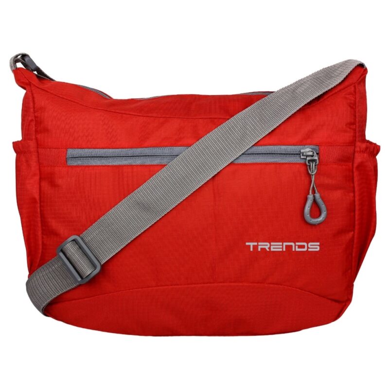 Red color sling bag with grey shoulder strap and grey zipper in front, model no - 318, front view
