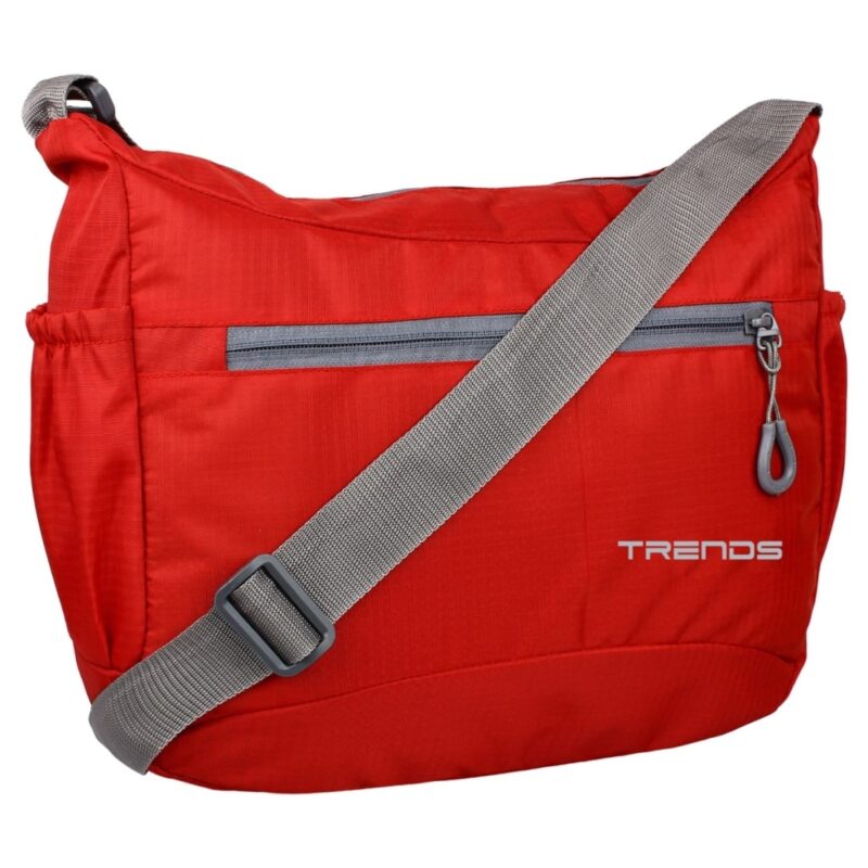 Red sling bag with grey shoulder strap and grey zipper in front, model no - 318, side view