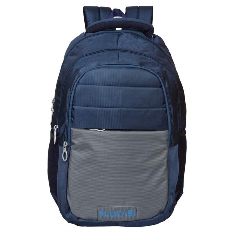 Lucasi blue grey laptop bag backpack, model no 336, front view, front half from the bottom is of color gray