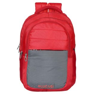 Lucasi red grey laptop bag backpack, model no 337, front view, front half from the bottom is of color gray