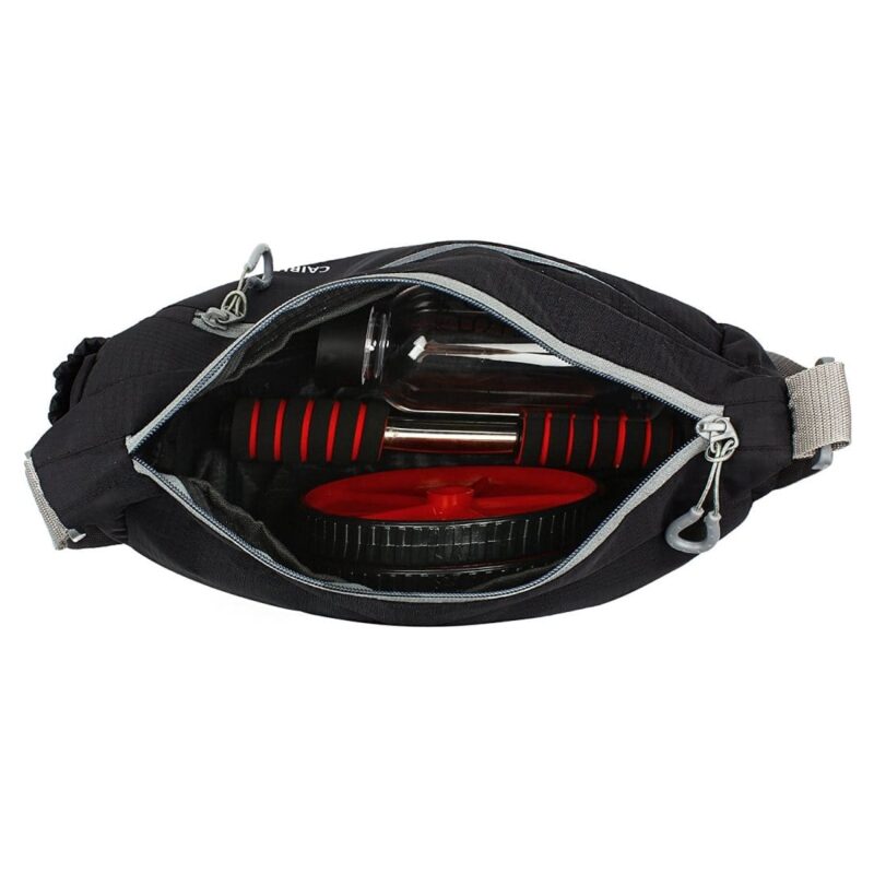 open view of black sling bag made with polyester cloth, carrying some gym accessories, model no - 281