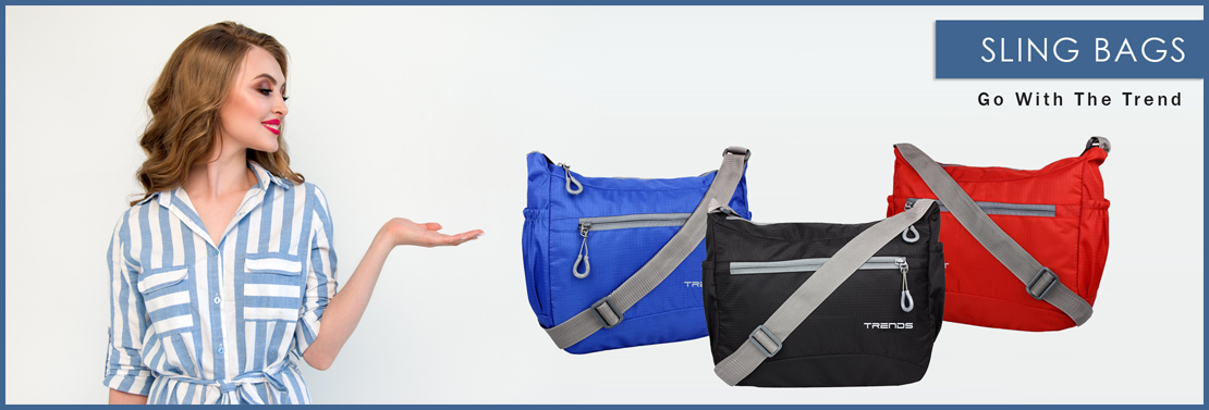 Banner showcasing 3 trends unisex sling bags, red, royal blue and black, with a female model in electric blue and white stripes top on the left facing towards the bags