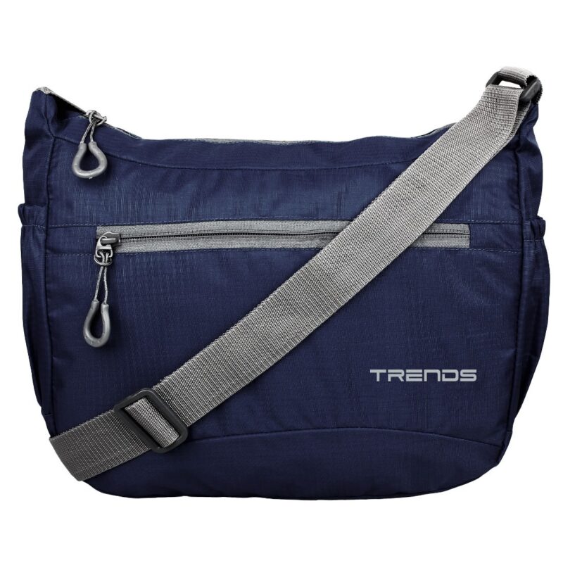 Navy blue color sling bag with grey shoulder strap and grey zipper in front, model no - 283, front view