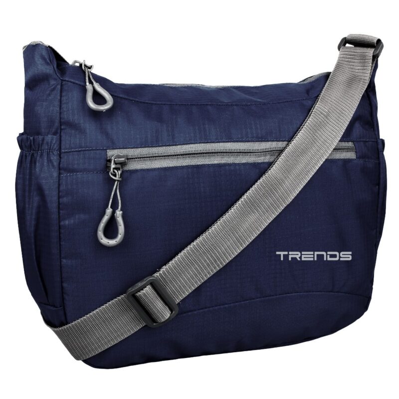 navy sling bag with grey shoulder strap and grey zipper in front, model no - 283, side view