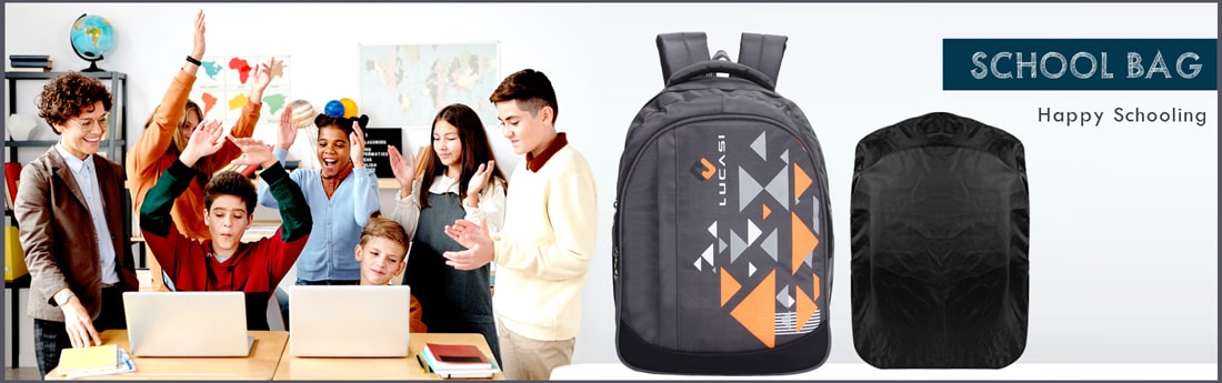 Banner of lucasi school bag with showcase of Lucasi bags, classroom with kids celebrating their achievement in background