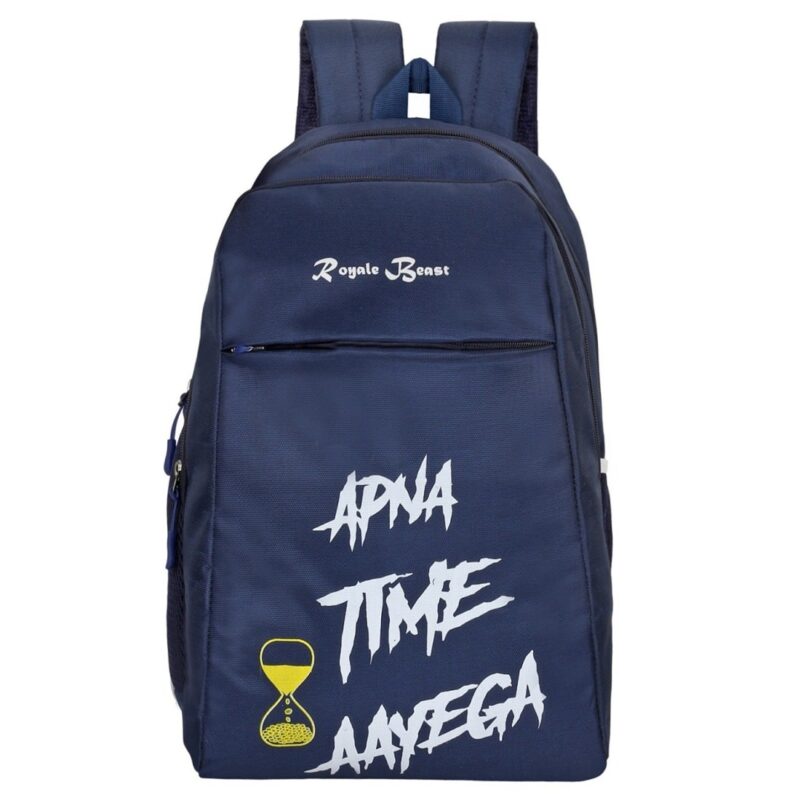 royal beast navy blue backpack, front view, having horizontal zipper on the front, model no ata 013