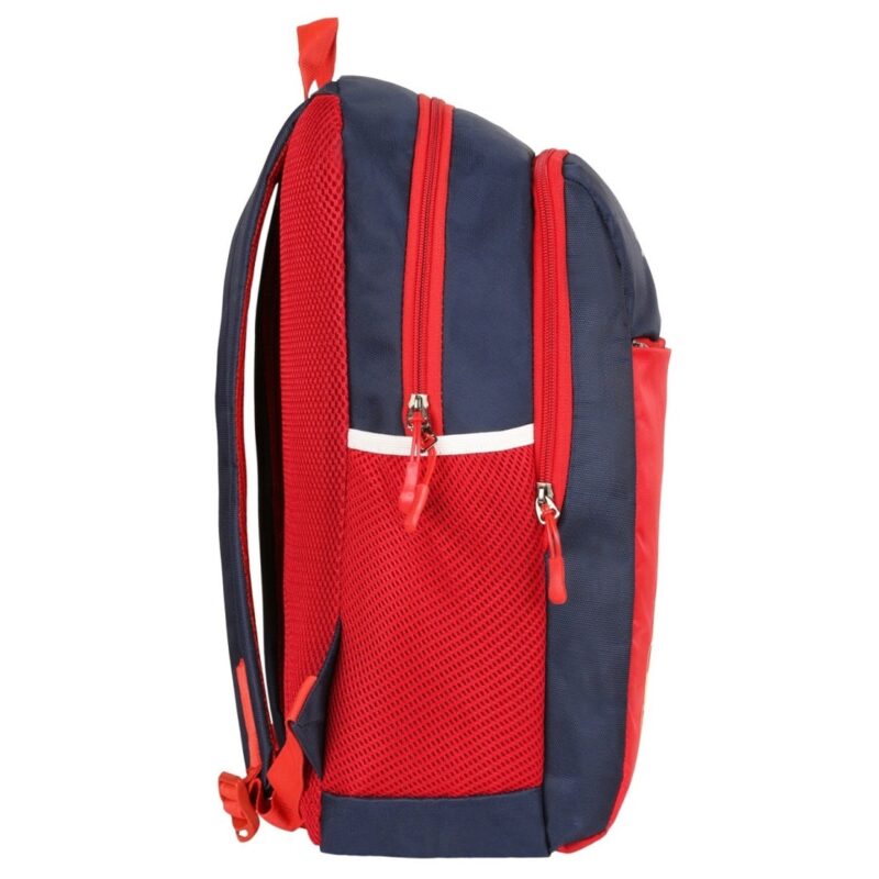 royal beast red blue backpack, side view, 2 main compartments and a mesh pocket to carry water bottle are visible, model no ata 012