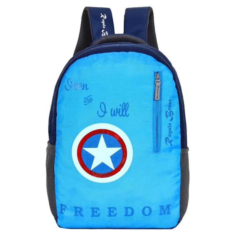 Royal beast blue backpack with four compartments, front view, with captain America shield on the front panel, model no 005