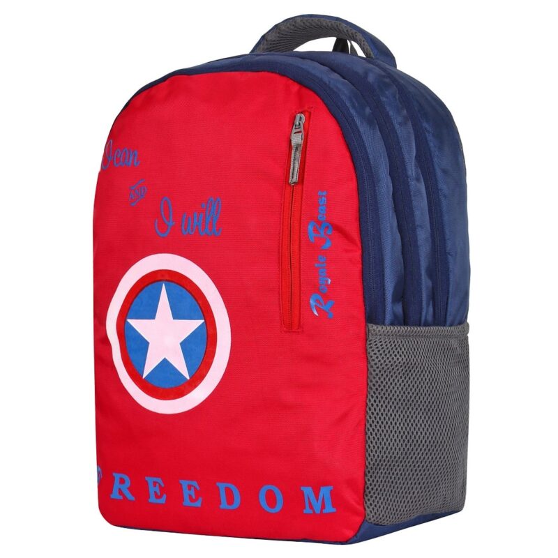 Royal beast blue backpack with four compartments, side angled view, with captain America shield on the front panel, model no 006