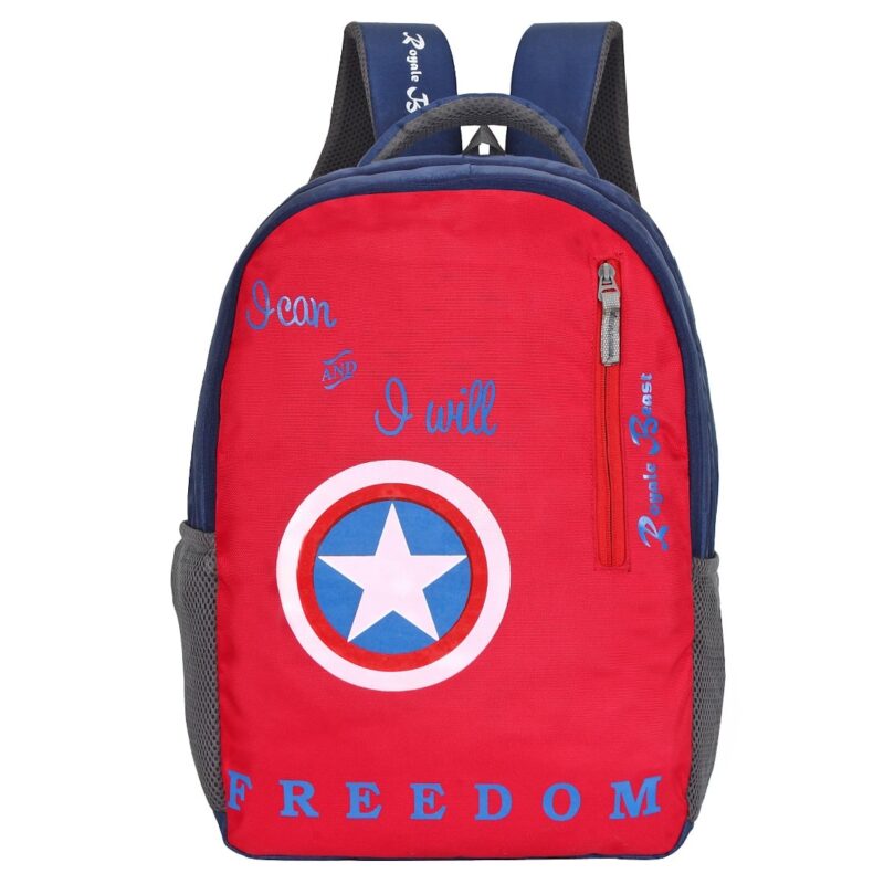 Royal beast red backpack with four compartments, front view, with captain America shield on the front panel, model no 006