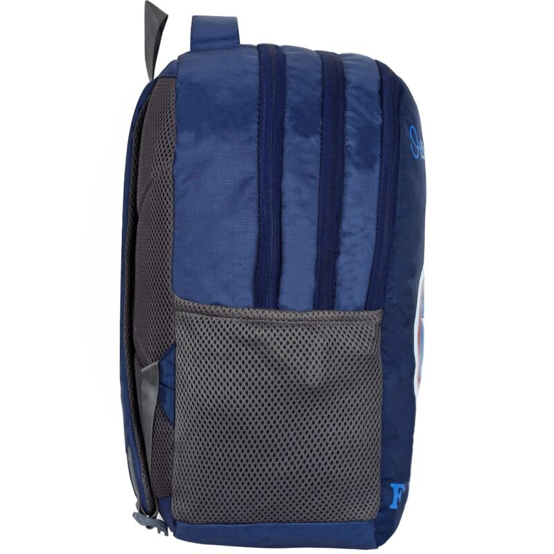 Royal beast navy blue backpack with four compartments, side view, 3 compartments and a mesh pocket is visible, model no 007