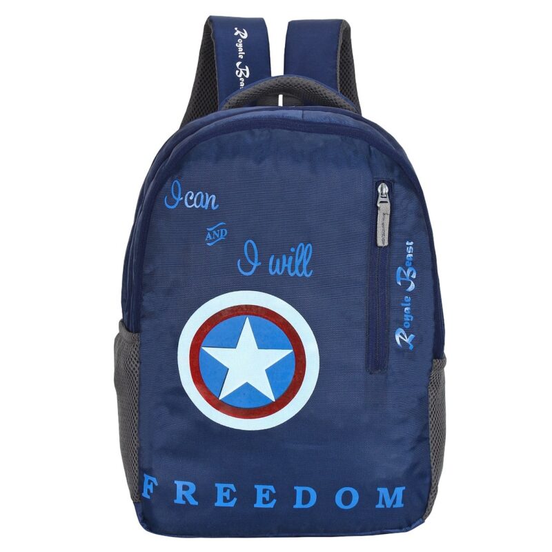Royal beast navy blue backpack with four compartments, front view, with captain America shield on the front panel, model no 007