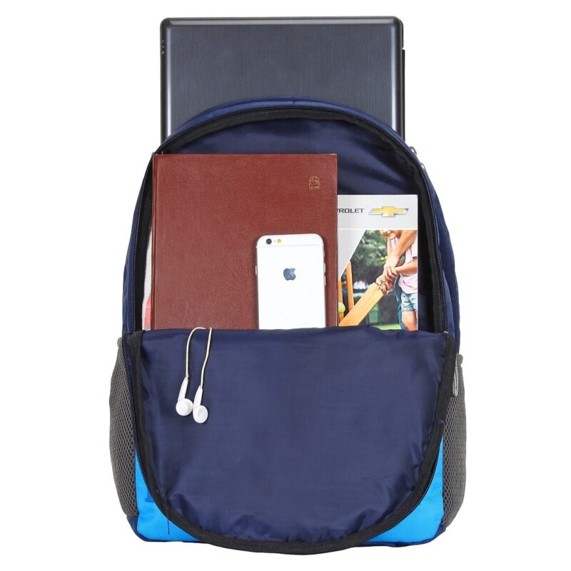 Royal beast blue backpack with four compartments, stuffed view, carrying notebook, phone, laptop, model no 005