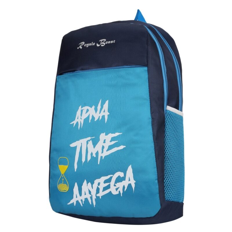 royal beast light blue backpack, side angled view, 2 compartments and a mesh water bottle pocket are visible, model no ata 014