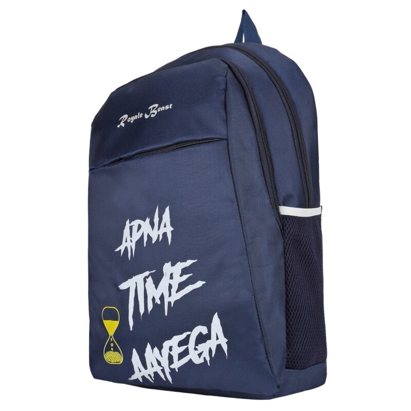 royal beast navy blue backpack, side angled view, 2 compartments and a mesh pocket are visible, model no ata 013