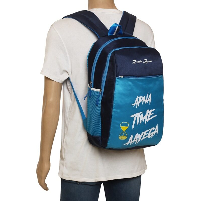 royal beast light blue backpack, mannequin view, mannequin height is 6 feet, model no ata 014